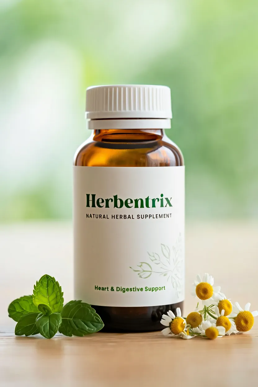 Herbentrix natural herbal supplement bottle with plant extracts for heart and digestive support